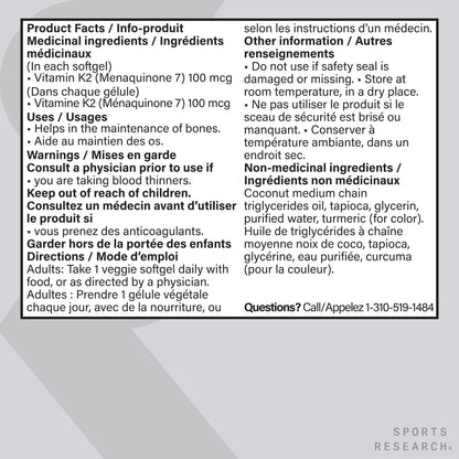 Sports Research® Vitamin K2 MK-7 100mcg with Coconut MCT Oil, 60 Vegan Softgels (2 Month Supply), Vegan Certified, Non-GMO Verified, Gluten & Soy Free Supplement