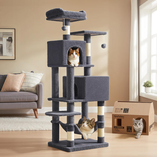 Feandrea Cat Tree Tower, 155 cm Multi-Level Cat Condo with 5 Scratching Posts, 2 Perches, 2 Caves, Hammock, 2 Pompoms, Smoky Gray UPCT192G01