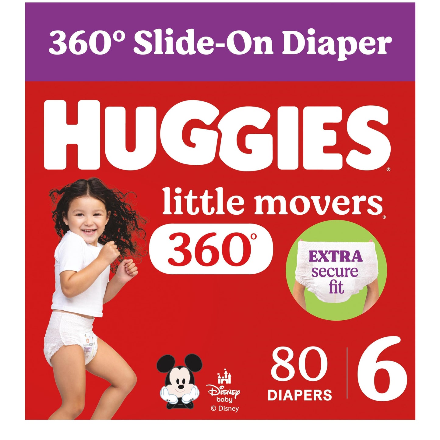 Huggies Size 6 Baby Diapers, Little Movers HuggFit 360° Baby Diapers with 360° Waistband, Size 6 (35+ lbs), 80 Count, Packaging May Vary