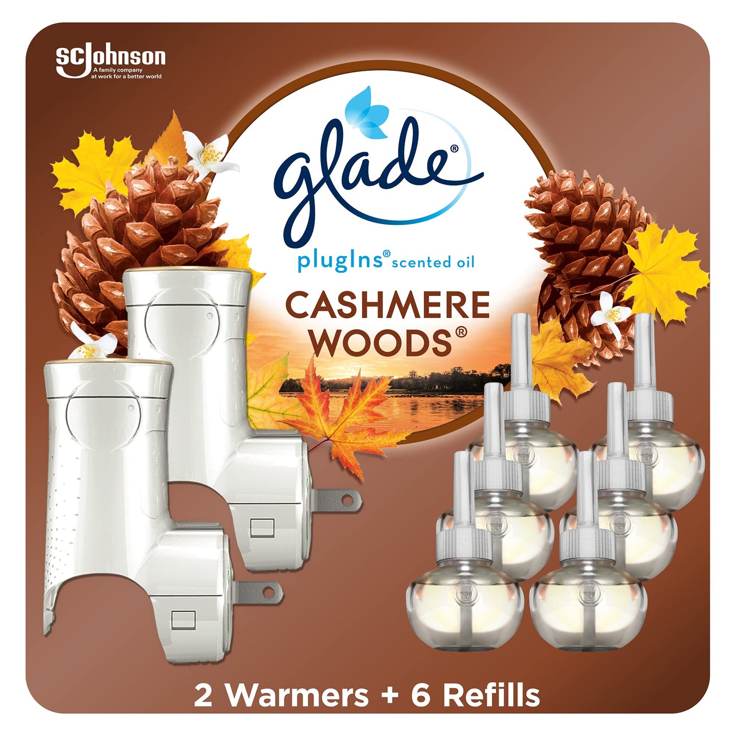 Glade PlugIns Air Freshener Refill Oil Kit, Long Lasting Scented Plug In with Essential Oils for Home, Bathroom & Kitchens, Cashmere Woods, 2 Warmers + 6 Refills Glade