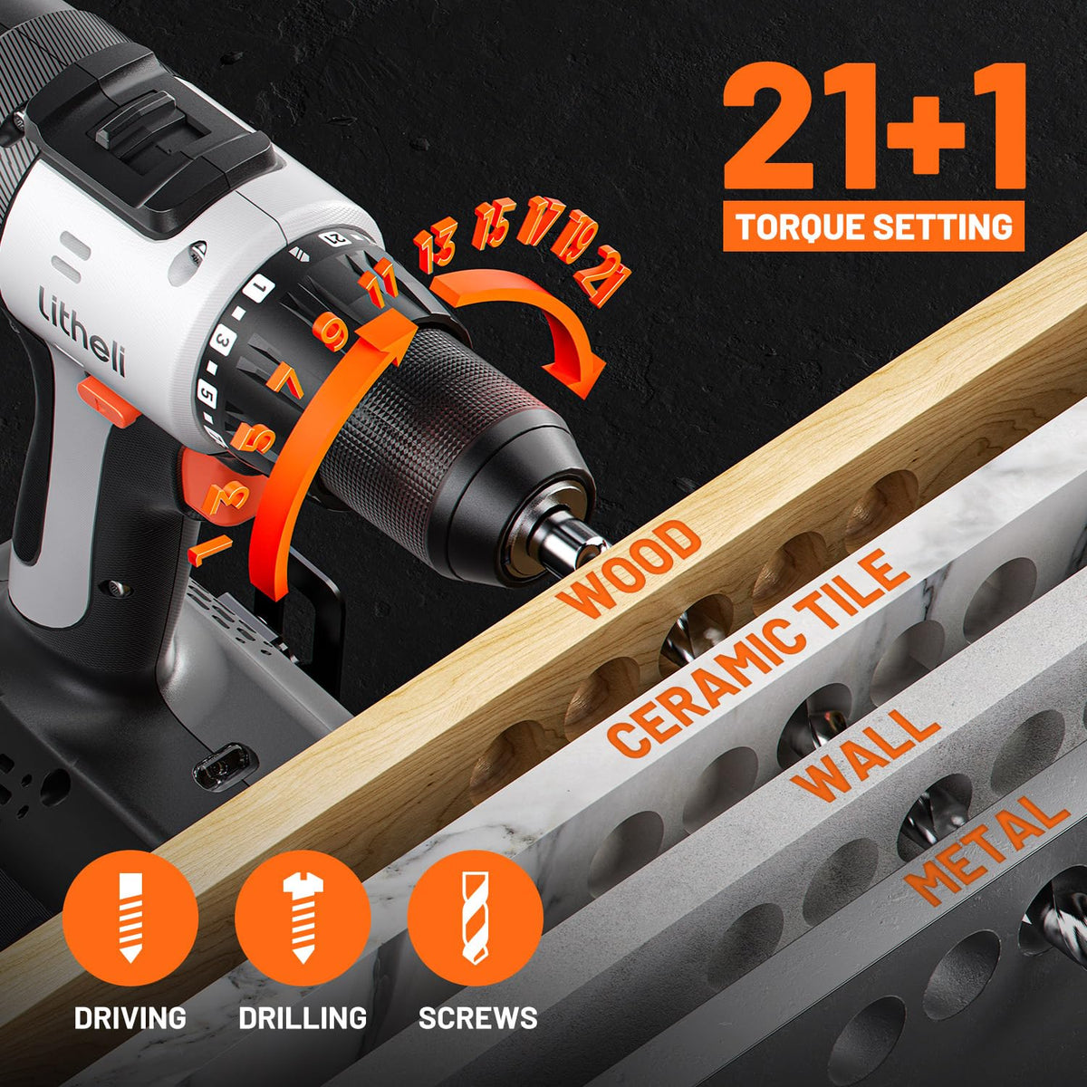 Litheli 20V Cordless Drill Driver, Electric Power Drill with 2 Variable Speed Settings, 1/2 Inch Keyless Chuck, 21+1 Clutch Settings with Maximum Torque of 443 in-lbs