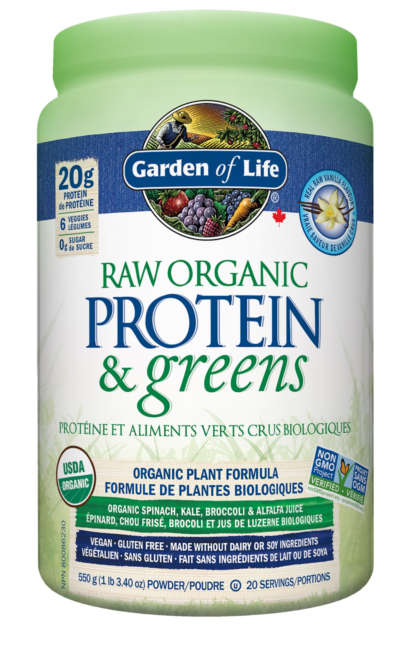 Garden Of Life Raw Organic Protein&greens - Vanilla 550.0 Gram Vanilla. Packed with 20g of protein, 6 veggies and 0g sugar. A delicious protein boost from organic sprouted brown rice, pea & chia, plus a blend of nutrient-rich greens. Gluten free, made wit Garden of Life