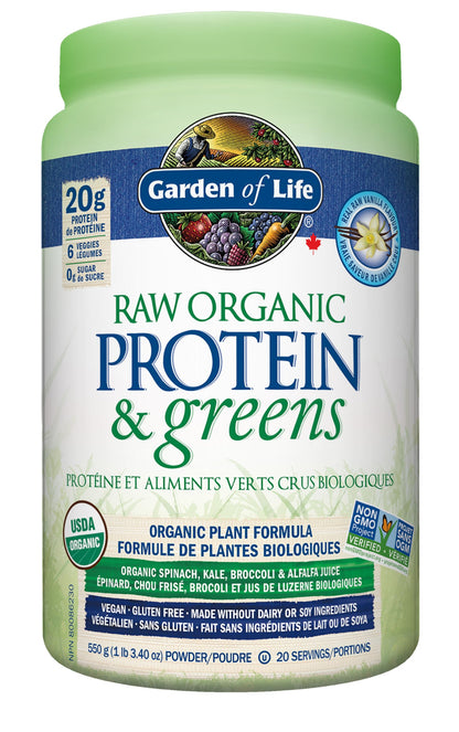 Garden Of Life Raw Organic Protein&greens - Vanilla 550.0 Gram Vanilla. Packed with 20g of protein, 6 veggies and 0g sugar. A delicious protein boost from organic sprouted brown rice, pea & chia, plus a blend of nutrient-rich greens. Gluten free, made wit Garden of Life