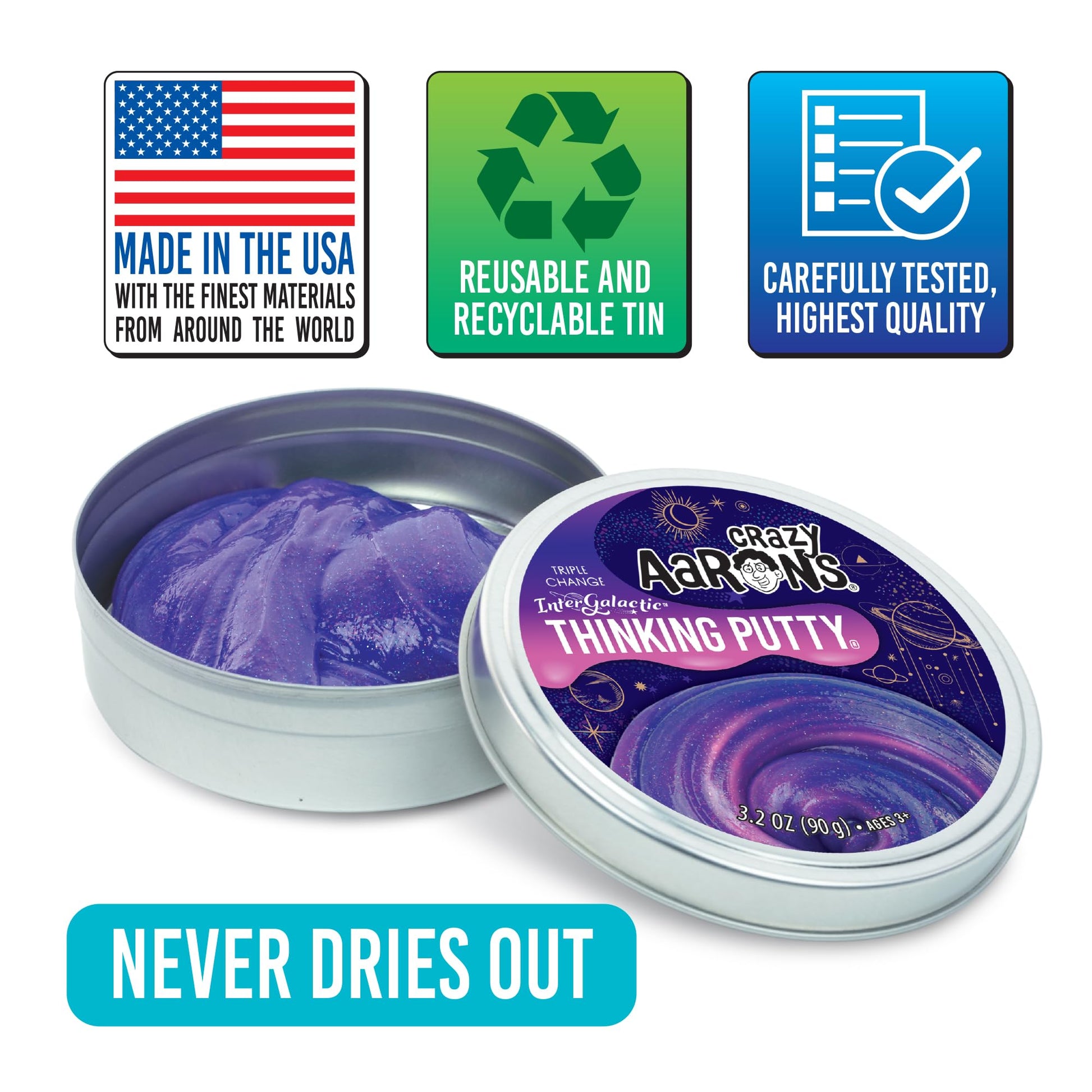 Crazy Aaron's Intergalactic Triple Color Changing Thinking Putty - 4" Tin Stress and Anxiety Reducing - Non-Toxic Sensory Play Putty - Never Dries Out - Creative Toy for Kids and Grown ups Crazy Aaron's