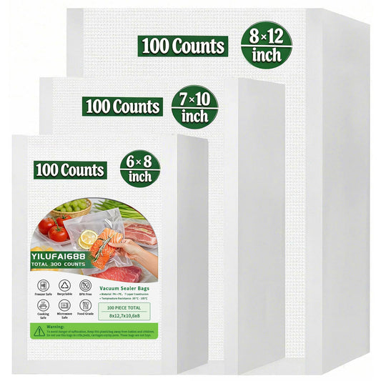 300 Count Vacuum Sealer Bags - Food Saver Bag (8x12,7x10,6x8) Precut Quart for Vacuum Seal, Meal Prep,Sous Vide, BPA Free, Heavy Duty, Commercial Grade Freezer Bags