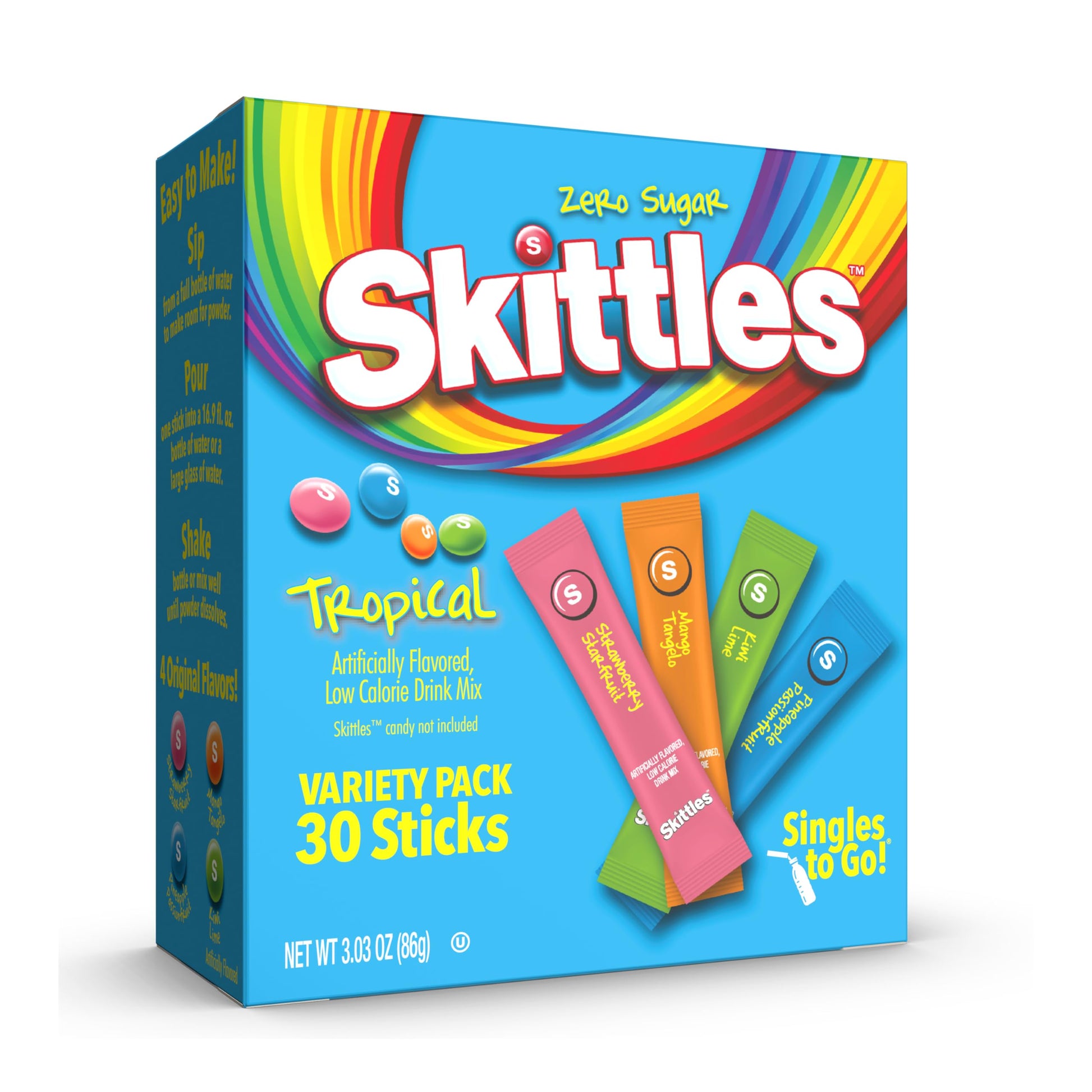 Skittles Singles To Go Tropical Flavors Variety Pack, Powdered Drink Mix, Includes 4 Flavors, Strawberry Starfruit, Mango Tangelo, Kiwi Lime, Pineapple Passionfruit, 1 Box (30 Single Servings)