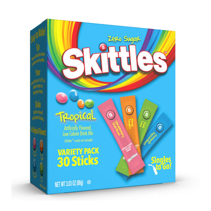 Skittles Singles To Go Tropical Flavors Variety Pack, Powdered Drink Mix, Includes 4 Flavors, Strawberry Starfruit, Mango Tangelo, Kiwi Lime, Pineapple Passionfruit, 1 Box (30 Single Servings)