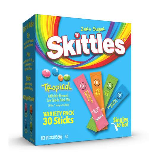 Skittles Singles To Go Tropical Flavors Variety Pack, Powdered Drink Mix, Includes 4 Flavors, Strawberry Starfruit, Mango Tangelo, Kiwi Lime, Pineapple Passionfruit, 1 Box (30 Single Servings)