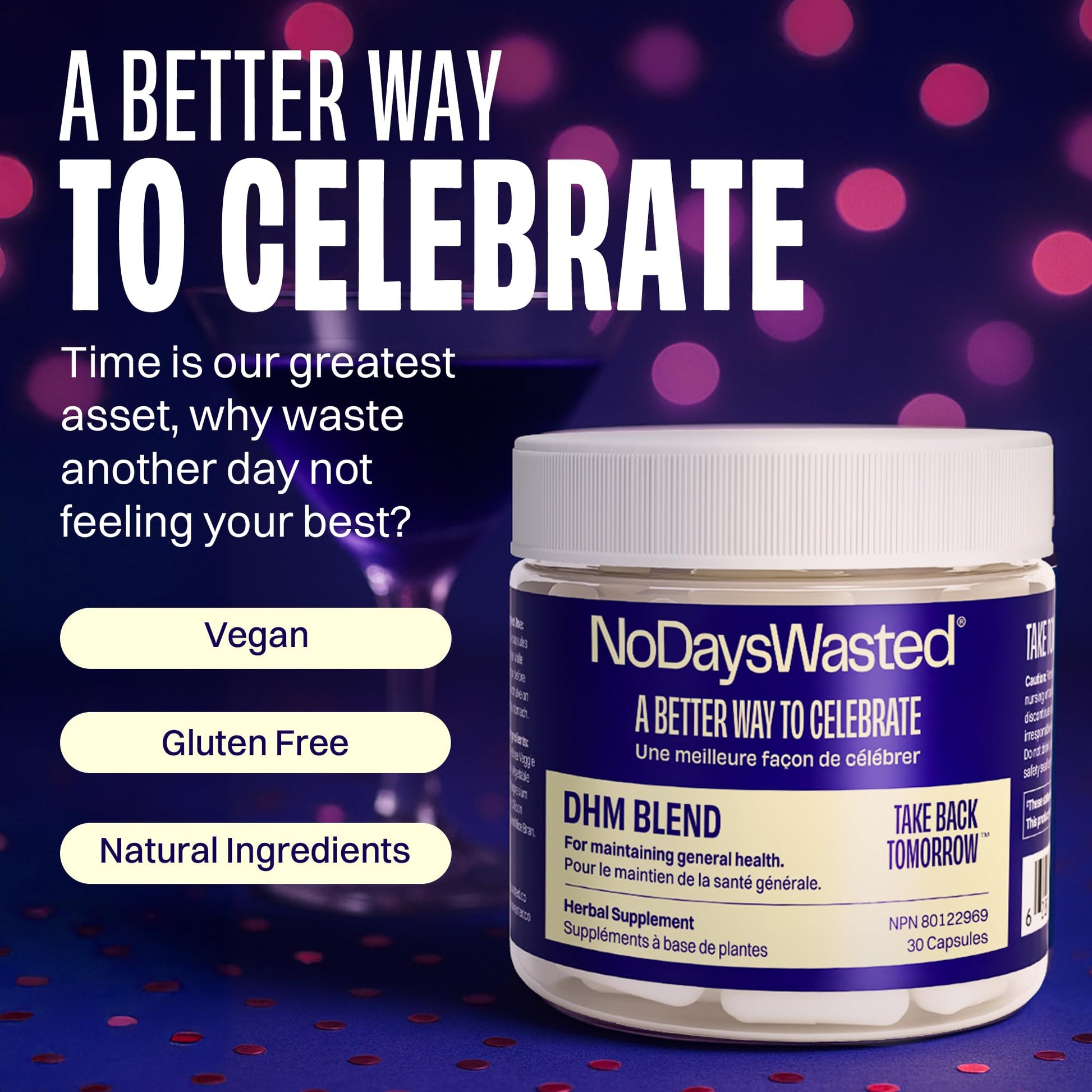 DHM Blend, No Days Wasted, 30 Capsules (15 Servings) - Jar - Dihydromyricetin (DHM Supplement), Milk Thistle, Prickly Pear, Hydration Blend-Take During Evening for Better Next Day After Celebrating - Available at All In One Marketplace Canada