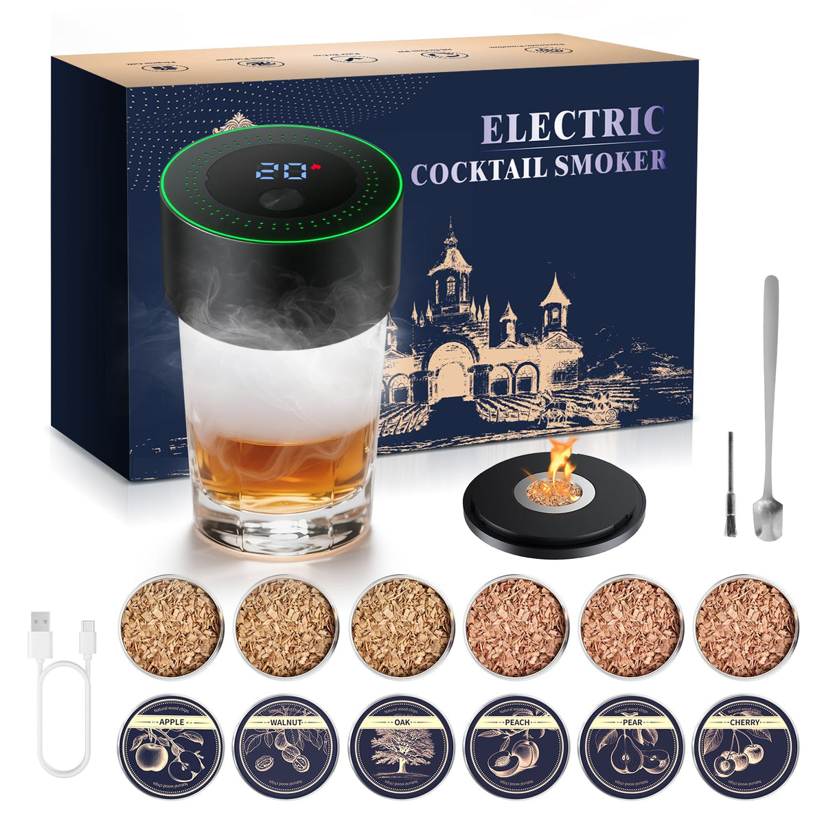 AMZSEAT Electric Whiskey Smoker Kit-Rechargeable Cocktail Smoker Set with 6 Wood Chips-Unique Bourbon Ideal Christmas, Birthday, Gifts for Men, Dad, Husband-Dusk Black 🍁 All In One Marketplace Canada