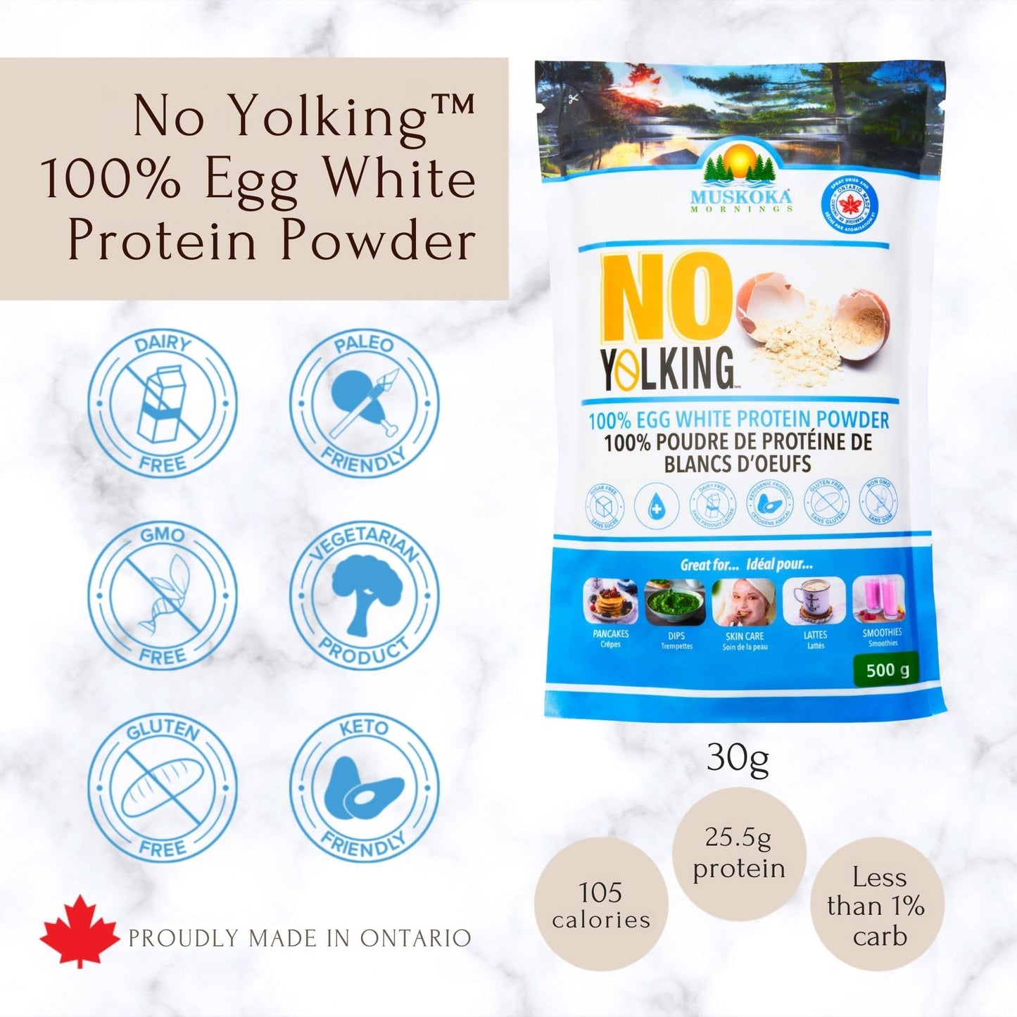 No Yolking Egg White Protein Powder by Muskoka Mornings (500g) | 25.5g Protein per Serving | Gluten-Free, Dairy-Free, Sugar-Free, Low-Carb | Keto, Paleo & Diabetic Friendly | Unflavoured