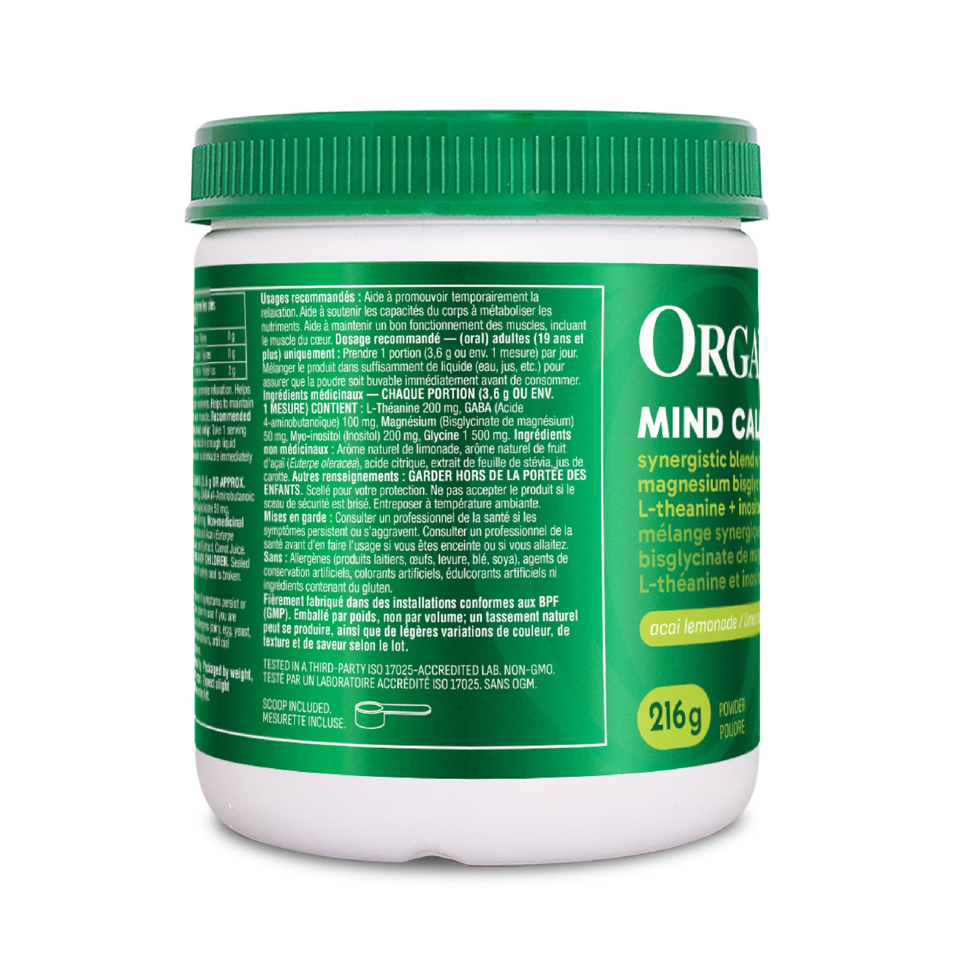Organika Mind Calm Powder- with Magnesium Bisglycinate, L-Theanine, GABA, Inositol- Promotes Relaxation and Calm without Drowsiness- Acai Lemonade Flavour- 216g Organika