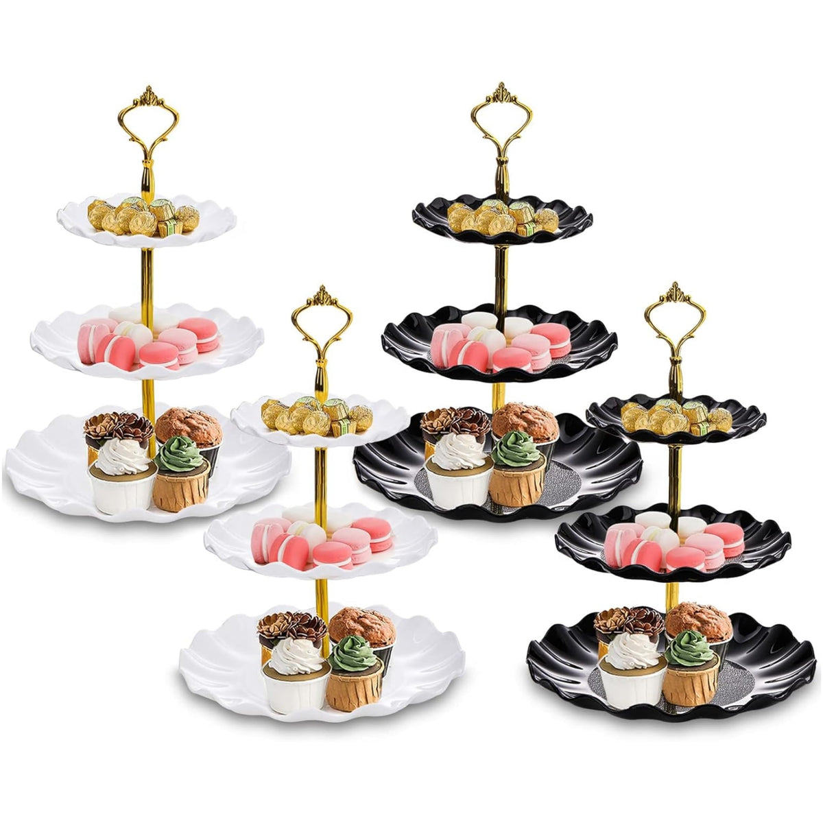 DEAYOU 4 Pack 3-Tier Cupcake Dessert Stand, Plastic Tiered Cake Stand Display Tower, Pastry Serving Tray Platter Rack Holder for Buffet, Cookie, Party, Wedding, Home Decor, White Gold, Black Gold 🍁 All In One Marketplace Canada