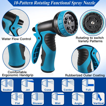 100ft Expandable Garden Hose Water Hose - Kink Free Flexible Expending Hose 100ft with 10 Function Nozzle and 3-Layers Latex, 3/4 Solid Solid Fittings, Lightweight Pipe (Blue)
