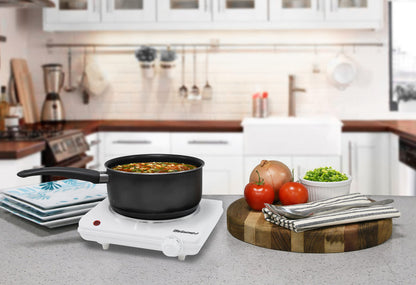 Elite Gourmet ESB-301F Countertop Single Cast Iron Burner, 1000 Watts Electric Hot Plate, Temperature Controls, Power Indicator Lights, Easy to Clean, White