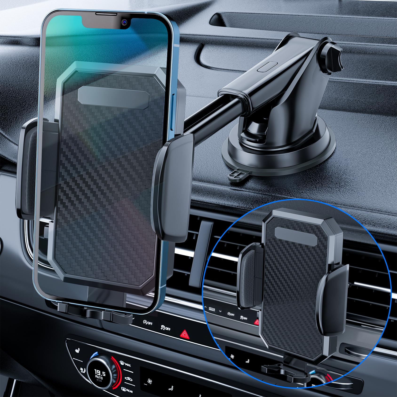 3-in-1 Car Phone Holder, [ Off-Road Level Suction Cup & Clip] Universal Cell Phone Holder Mount Dashboard Windshield Vent One-Hand Operation Holder Compatible with All Smartphones and Cars - Available at All In One Marketplace Canada