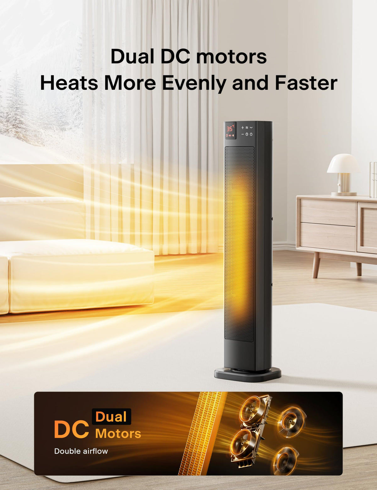 PELONIS 30” Ceramic Tower Space Heater for Bedroom, Electric Room Heater with Adjustable Thermostat, 75° Oscillation, Remote Control & 12H Timer, Tip-Over Switch & Overheating Protection, 1500W, Black