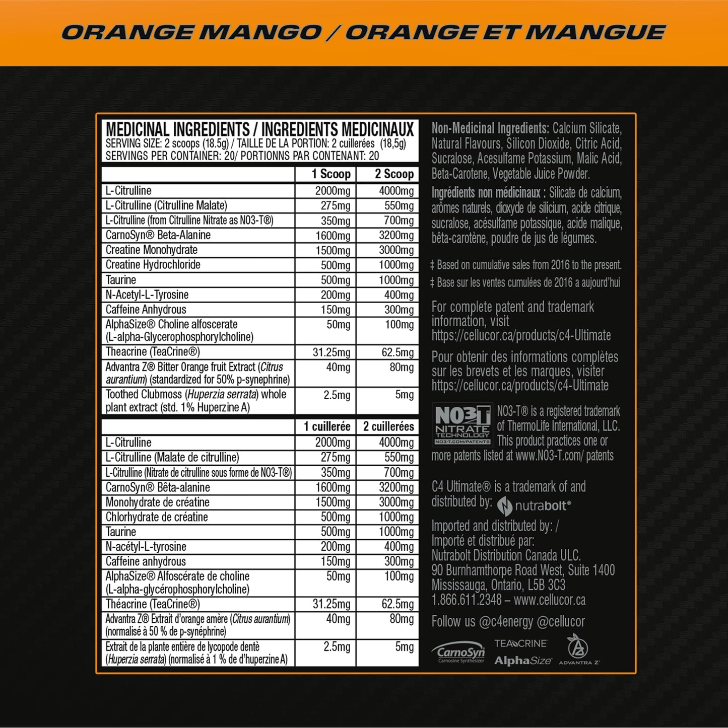 Cellucor C4 Ultimate Pre Workout Powder - Sugar Free Preworkout Energy with 300mg Caffeine and Creatine for Men & Women - Orange Mango, 20 Servings Cellucor