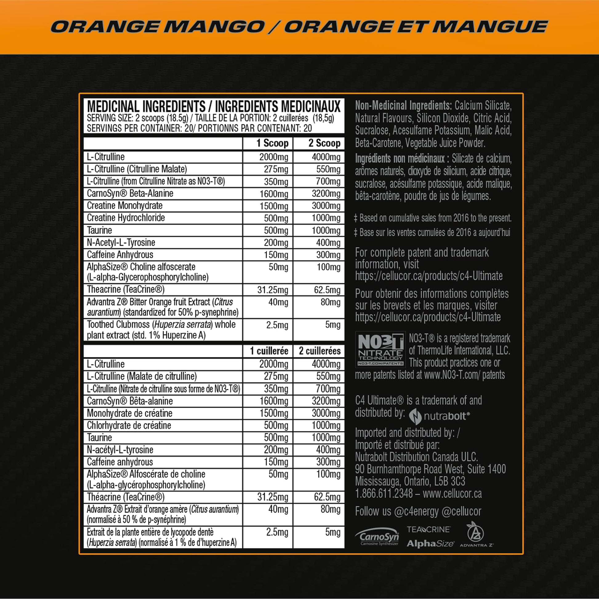 Cellucor C4 Ultimate Pre Workout Powder - Sugar Free Preworkout Energy with 300mg Caffeine and Creatine for Men & Women - Orange Mango, 20 Servings Cellucor