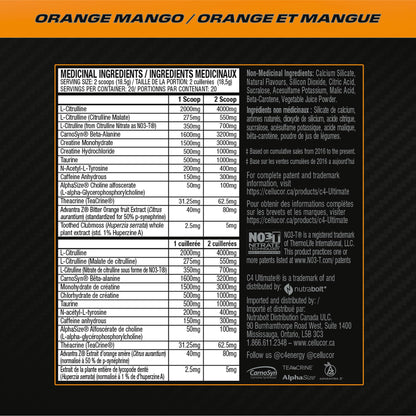 Cellucor C4 Ultimate Pre Workout Powder - Sugar Free Preworkout Energy with 300mg Caffeine and Creatine for Men & Women - Orange Mango, 20 Servings Cellucor