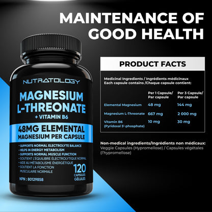 Nutratology® Magnesium L-Threonate + Vitamin B6 | Canadian-Made | Formulated To Help Support Heart & Muscle Function - Balances Electrolytes, Supports Energy Metabolism & Tissue Formation - 120 Count - Available at All In One Marketplace Canada