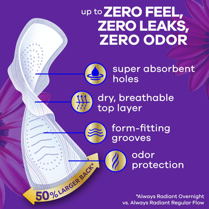 Always Radiant with FlexFoam Pads, Size 5, Extra Heavy Overnight Absorbency, with Wings, Lightly Scented, Up to ZERO leaks, ZERO feel, ZERO odor, 54 Count 🍁 All In One Marketplace Canada