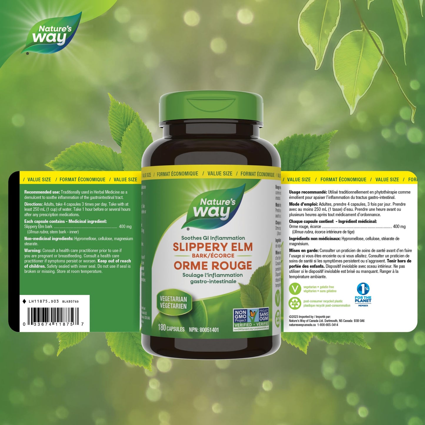 Nature’s Way Slippery Elm Bark – Traditionally Used to Soothe GI Tract Inflammation – Vegetarian, Non-GMO– 180 Capsules Nature's Way