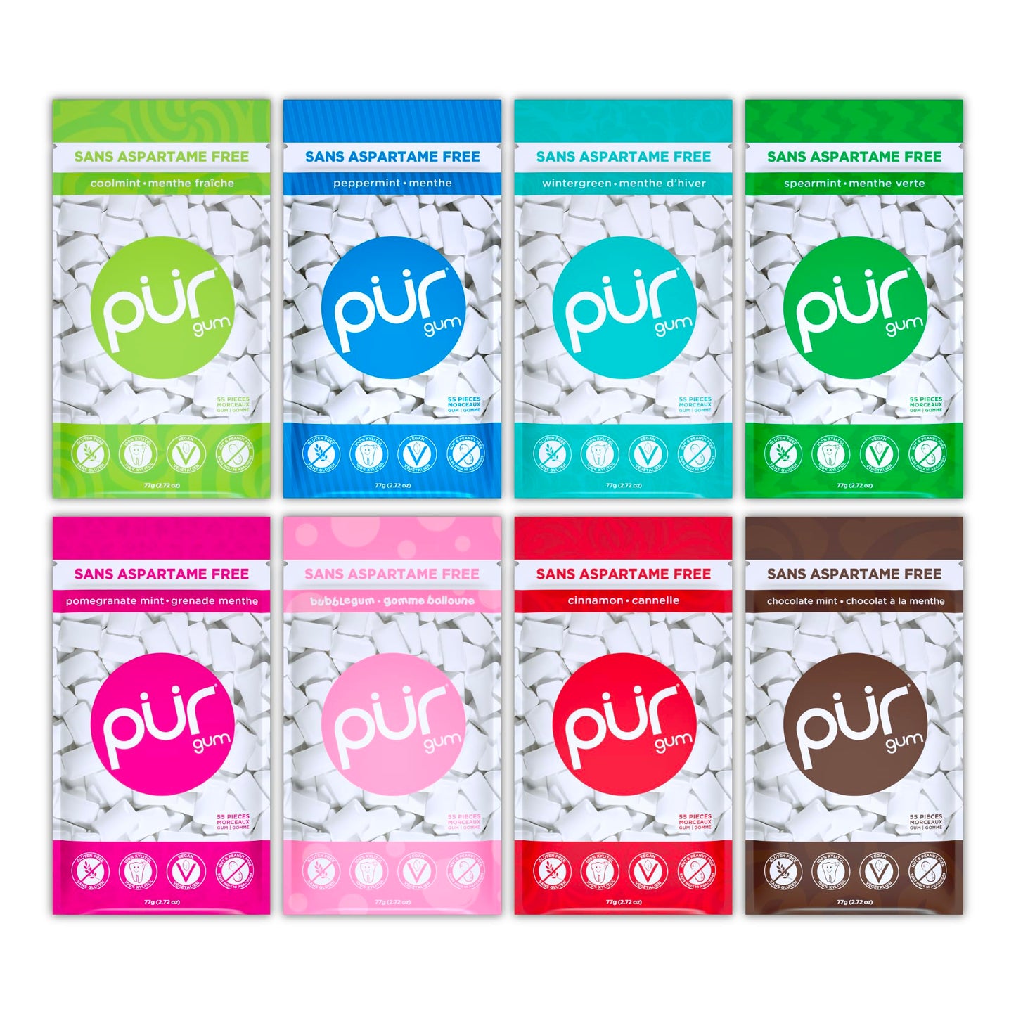 PUR Gum Variety Pack | Sugar-Free Chewing Gum Sweetened with 100% Xylitol | 8 Flavors, 55 Pieces Per Pack