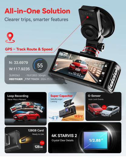 REDTIGER 4K Dash Cam Front and Rear, STARVIS 2 Sensor, Touch Screen 3.18", Voice Control, 20MB/s 5.8GHz WiFi 6 Car DashCam with 128GB Card, GPS, Night Vision, Emergency Lock, Parking Mode(F7N Touch)