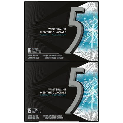 5 GUM, Wintermint-Ascent Flavoured Sugar Free Chewing Gum, 15 Sticks, 10 Packs - Available at All In One Marketplace Canada