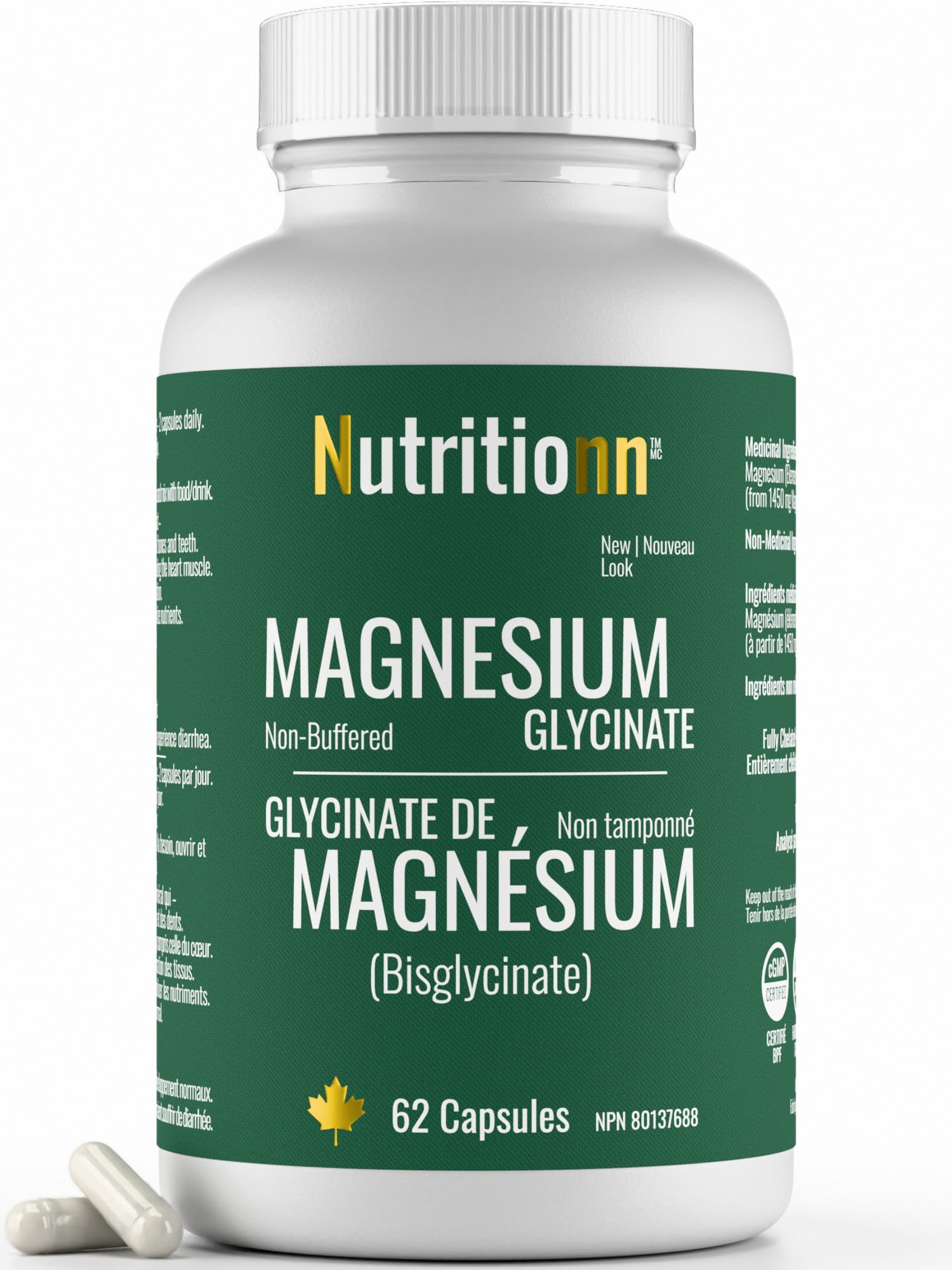 Magnesium Glycinate 200 mg Capsules (Elemental) from Non-Buffered Fully Chelated 100% Magnesium Bisglycinate - 62 Max-Capacity High-Absorption Capsules - Made in Canada - Nutritionn - Available at All In One Marketplace Canada