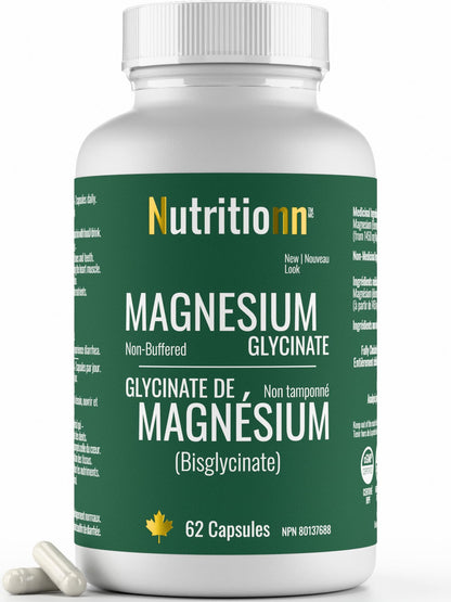 Magnesium Glycinate 200 mg Capsules (Elemental) from Non-Buffered Fully Chelated 100% Magnesium Bisglycinate - 62 Max-Capacity High-Absorption Capsules - Made in Canada - Nutritionn - Available at All In One Marketplace Canada