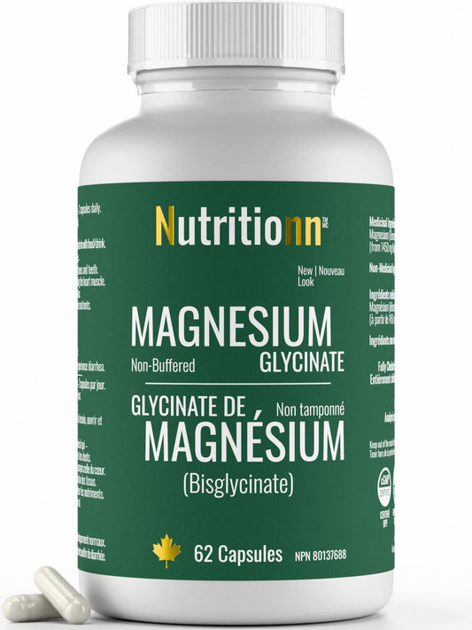 Magnesium Glycinate 200 mg Capsules (Elemental) from Non-Buffered Fully Chelated 100% Magnesium Bisglycinate - 62 Max-Capacity High-Absorption Capsules - Made in Canada - Nutritionn - Available at All In One Marketplace Canada