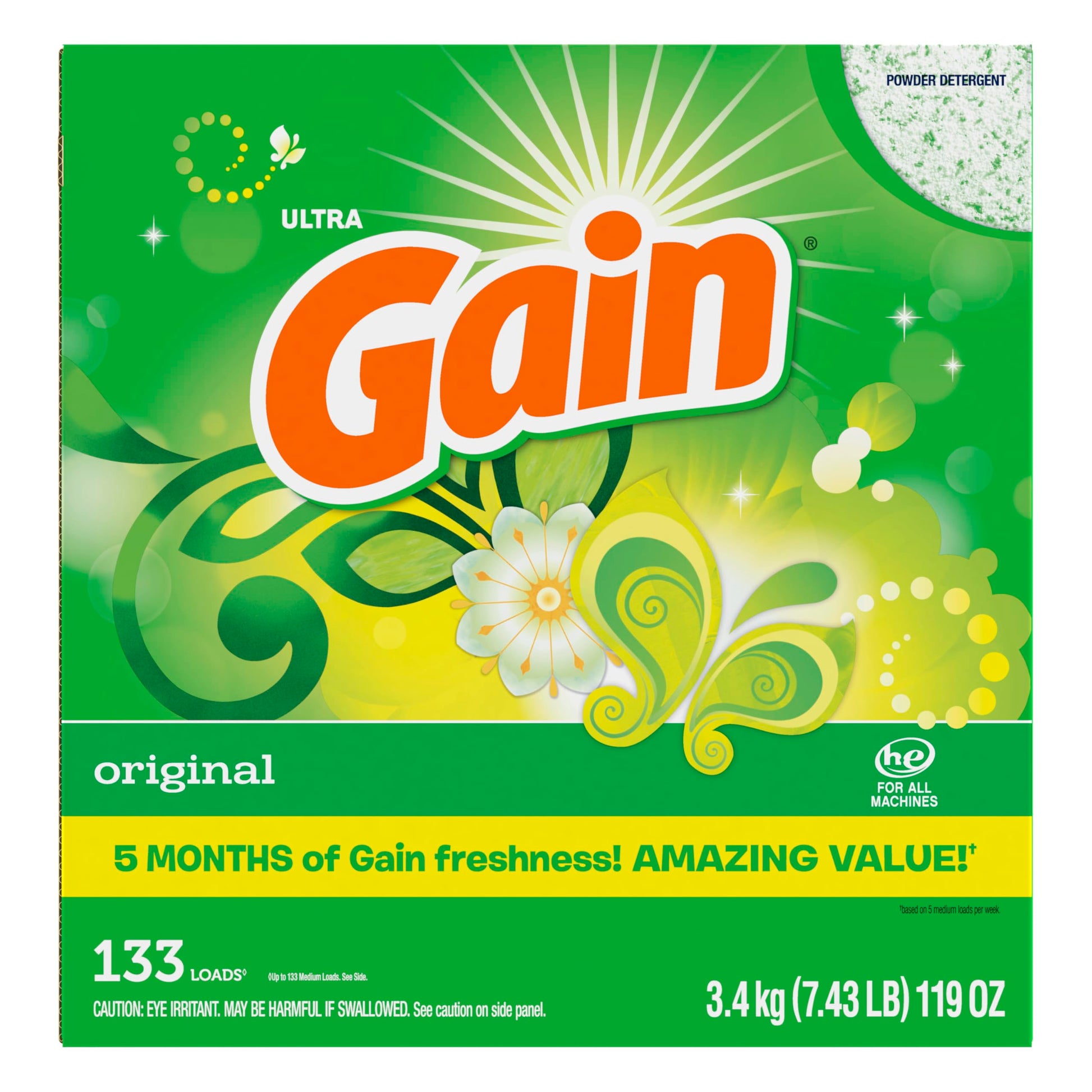 Gain Powder Laundry Detergent, Original Scent, 133 Loads, 3.4 KG GAIN
