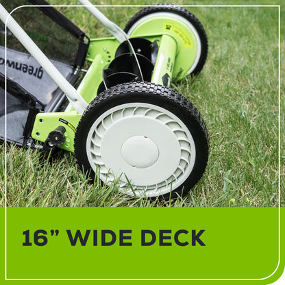 Greenworks 16-Inch Reel Lawn Mower with Grass Catcher 25052,Black/Green, 47" D x 22" W x 29.75" H - Available at All In One Marketplace Canada