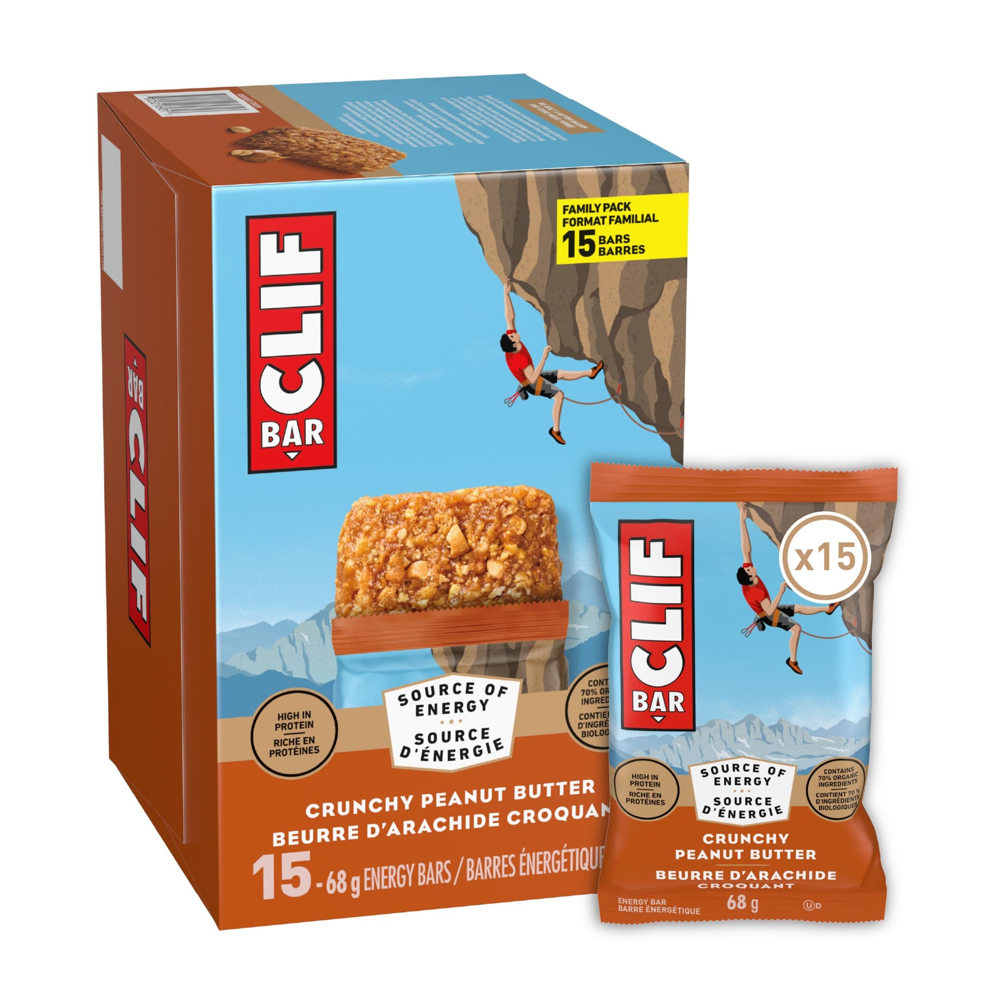 CLIF BAR Energy Bars, Crunchy Peanut Butter, Granola Bar, High in Protein, Contains 70% Organic Ingredients, 1.02 kg (Pack of 15) - Available at All In One Marketplace Canada