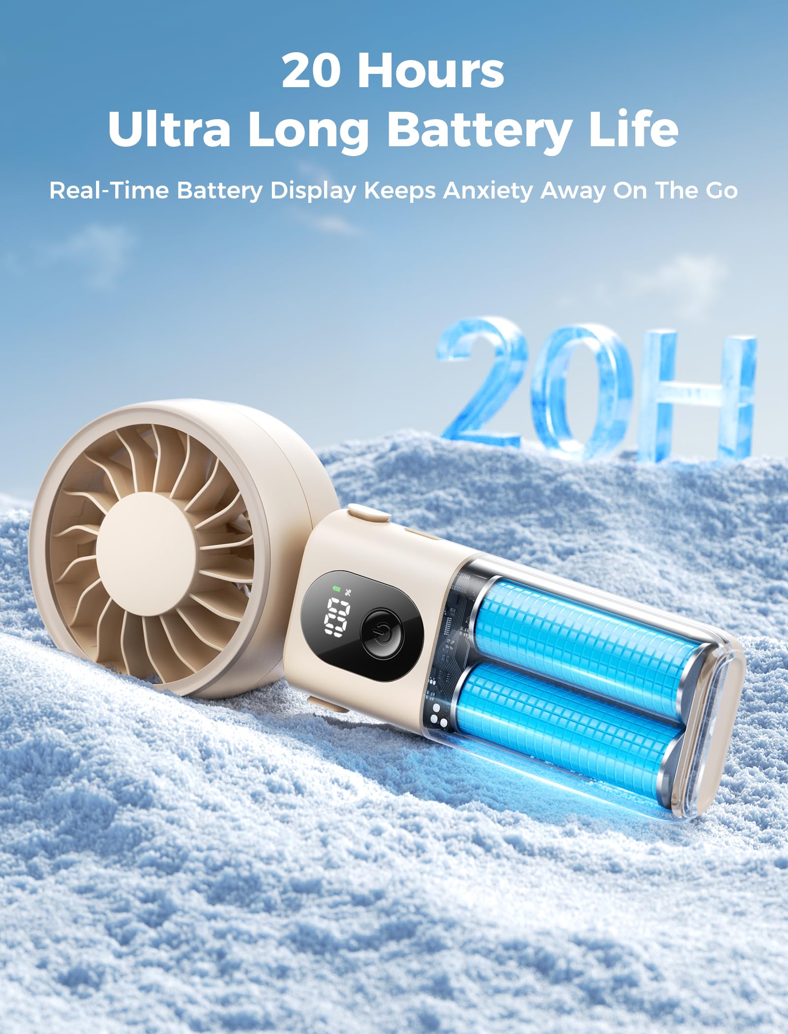 Aecooly Mighty Portable Hand Fan, 3 IN 1 USB Rechargeable Handheld Fan, [20H Max Cooling Time], 5-Speed Wind, LED Display, Mini Foldable Personal for Travle, Summer, Gifts for Women-Beige - Available at All In One Marketplace Canada