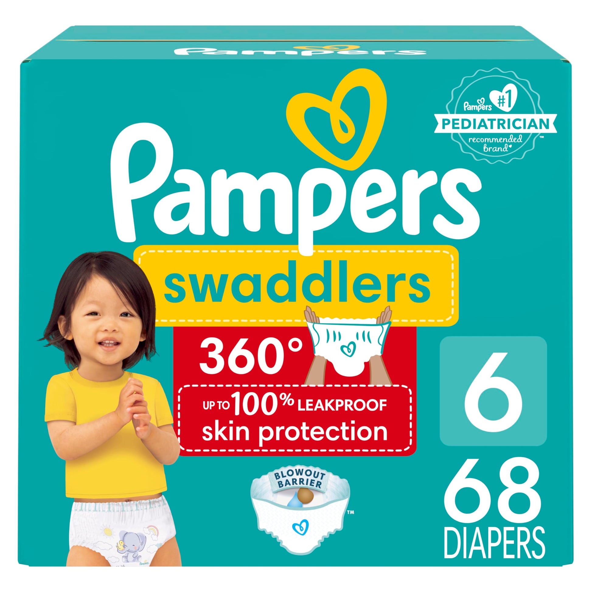 Pampers Diapers - Swaddlers 360 degrees - Size 6, 68 Count, up to 100% Leakproof Comfy Dry Fit, EZ Off Tabs Designed for Easy Changes, Pull On Diaper