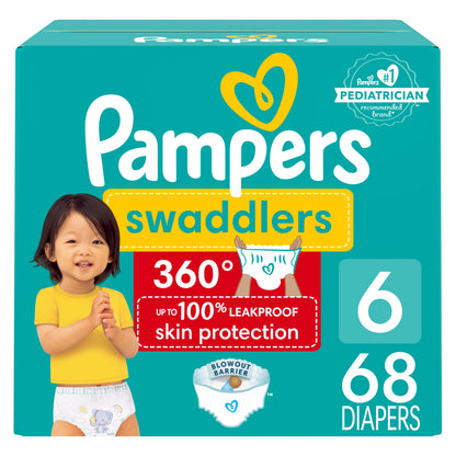 Pampers Diapers - Swaddlers 360 degrees - Size 6, 68 Count, up to 100% Leakproof Comfy Dry Fit, EZ Off Tabs Designed for Easy Changes, Pull On Diaper