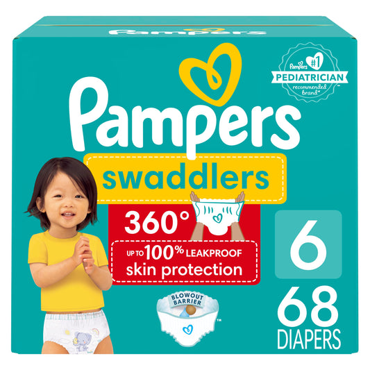 Pampers Diapers - Swaddlers 360 degrees - Size 6, 68 Count, up to 100% Leakproof Comfy Dry Fit, EZ Off Tabs Designed for Easy Changes, Pull On Diaper