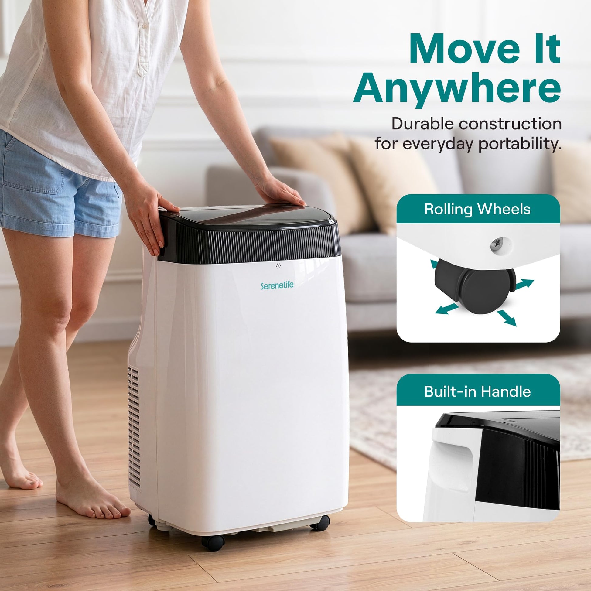 SereneLife Portable Electric Air Conditioner Unit-900W 8000 BTU Power Plug-in AC Cold Indoor Room Conditioning System with Cooler, Dehumidifier, Fan, Exhaust Hose, Window Seal, Wheels, Remote (SLPAC8) - Available at All In One Marketplace Canada