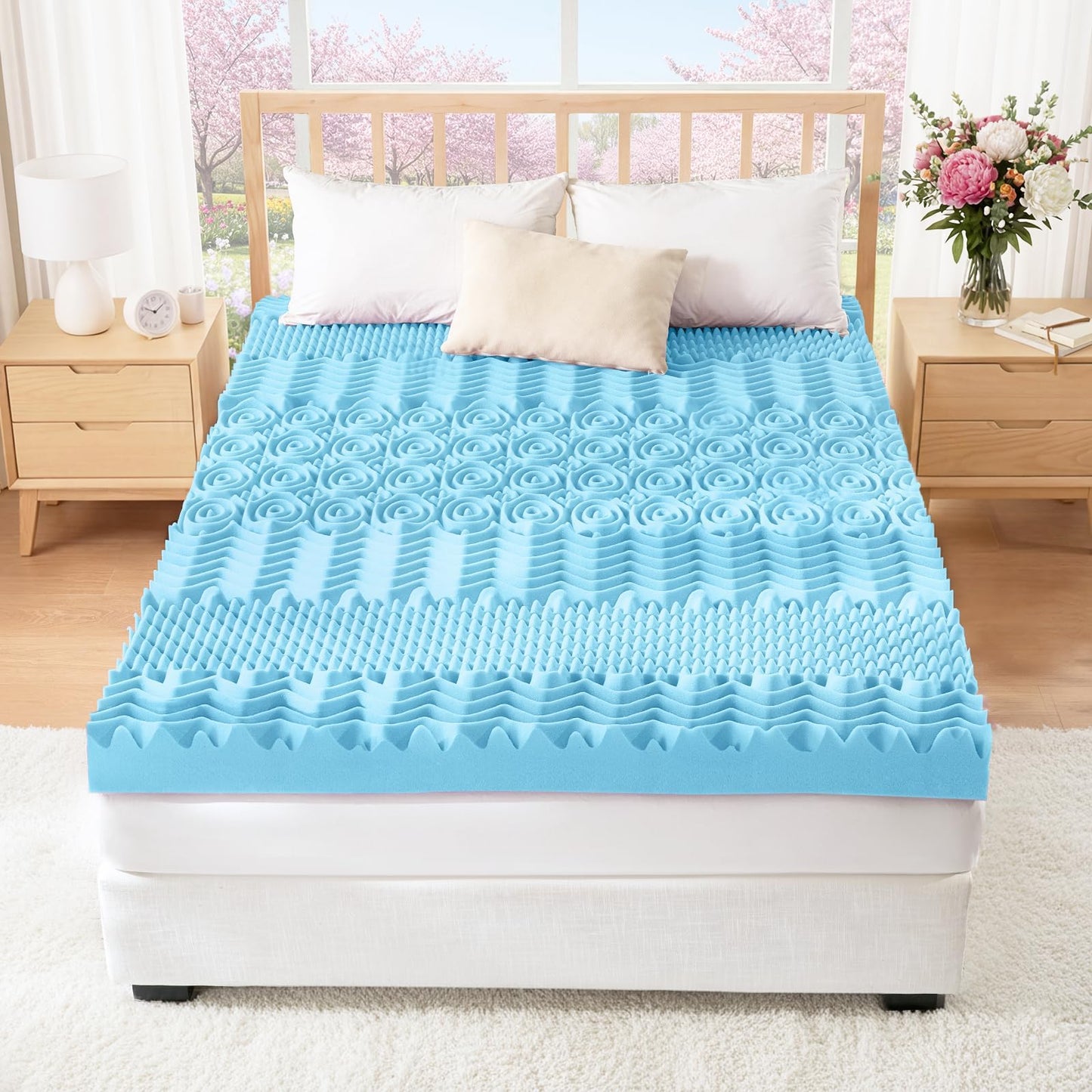 YUGYVOB Mattress Topper Queen, Foam Queen Mattress Topper, Cooling Gel Infused Bed Topper, 7 Zone Egg Crate Foam, CertiPUR-US Certified, 2 Inch - Available at All In One Marketplace Canada