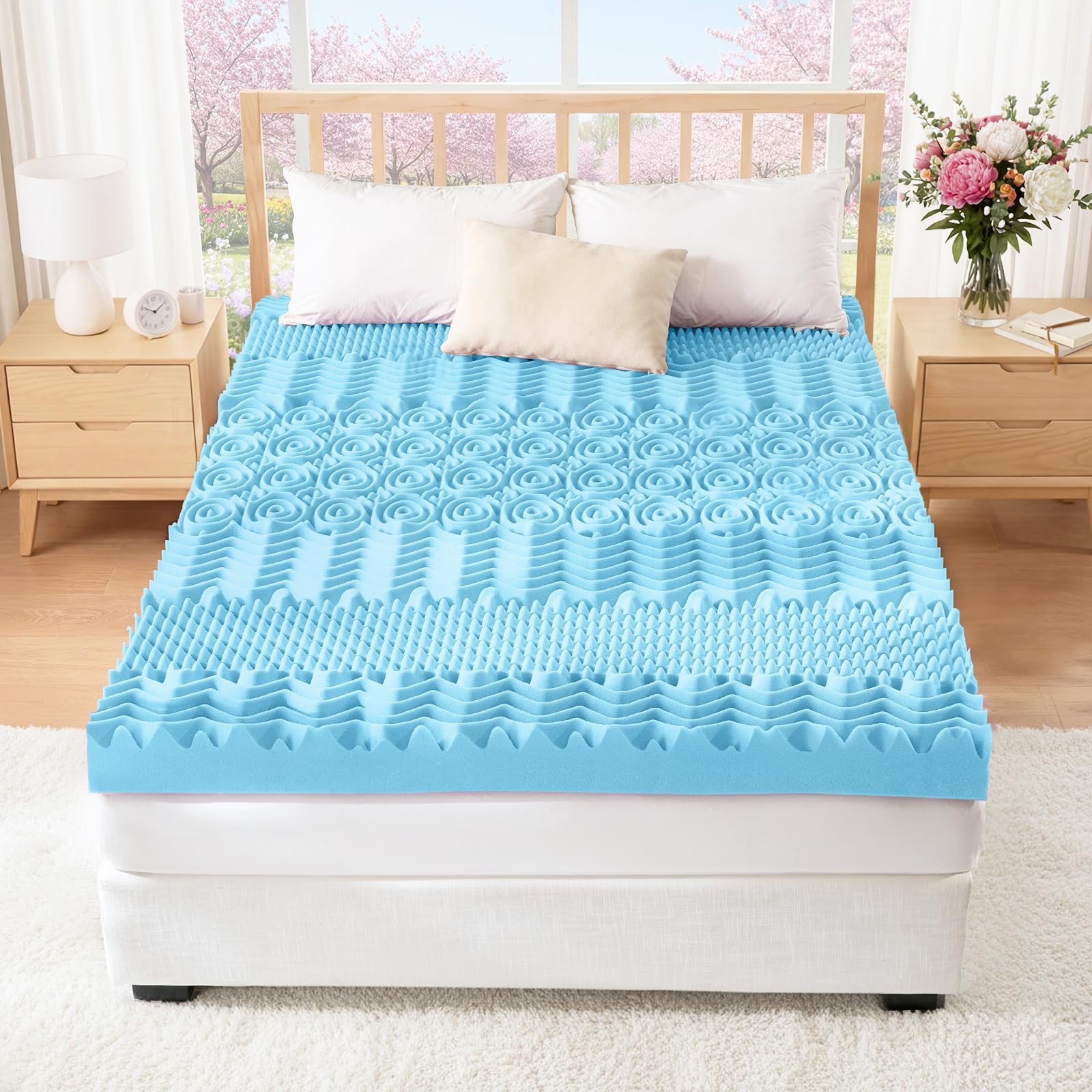 YUGYVOB Mattress Topper Queen, Foam Queen Mattress Topper, Cooling Gel Infused Bed Topper, 7 Zone Egg Crate Foam, CertiPUR-US Certified, 2 Inch - Available at All In One Marketplace Canada