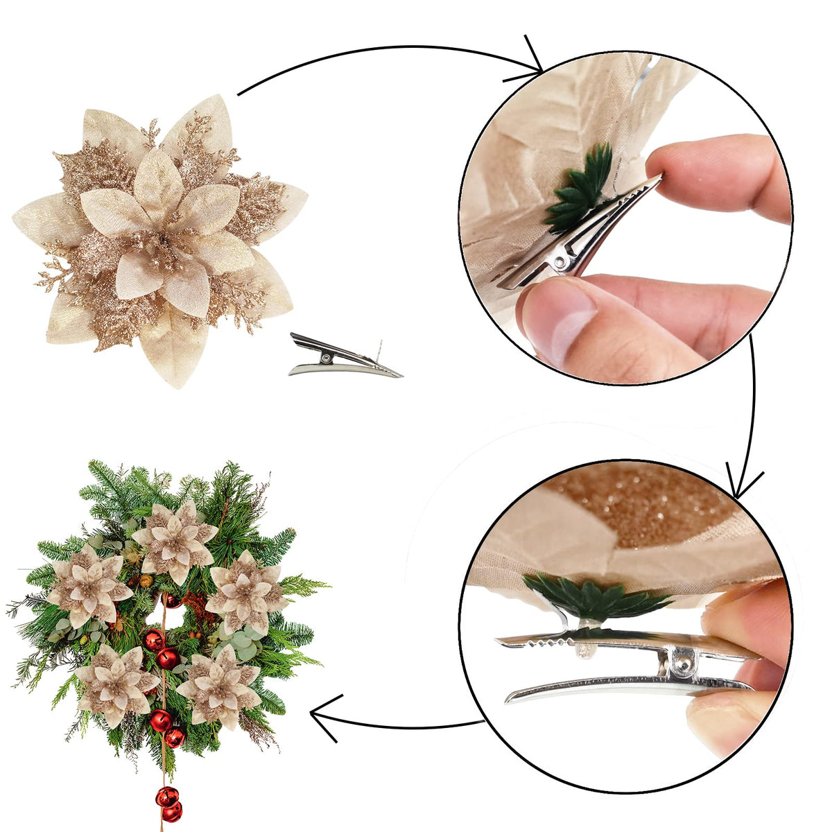 MIKAILE 20PCS Christmas Flowers Artificial with Clip, Christmas Poinsettia Flowers with Glitter Powder Decorations for Christmas Tree Garland Christmas Wreath Indoor Decorations (Champagne) 🍁 All In One Marketplace Canada