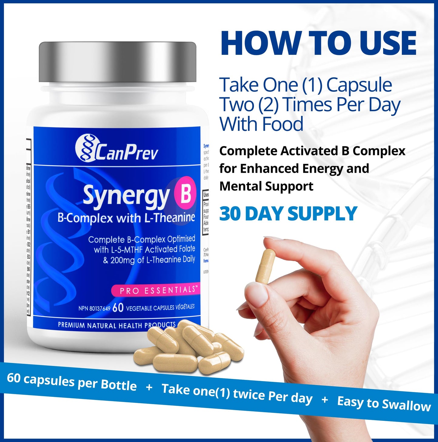 CanPrev Synergy B Complex 60 V-Caps 30-Day Supply - Vitamin B Supplement with L-Theanine 200mg - Complete B Complex Optimized with L-5-MTHF Activated Folate & Spirulina - Vegan, Non-GMO & Gluten-Free - Available at All In One Marketplace Canada