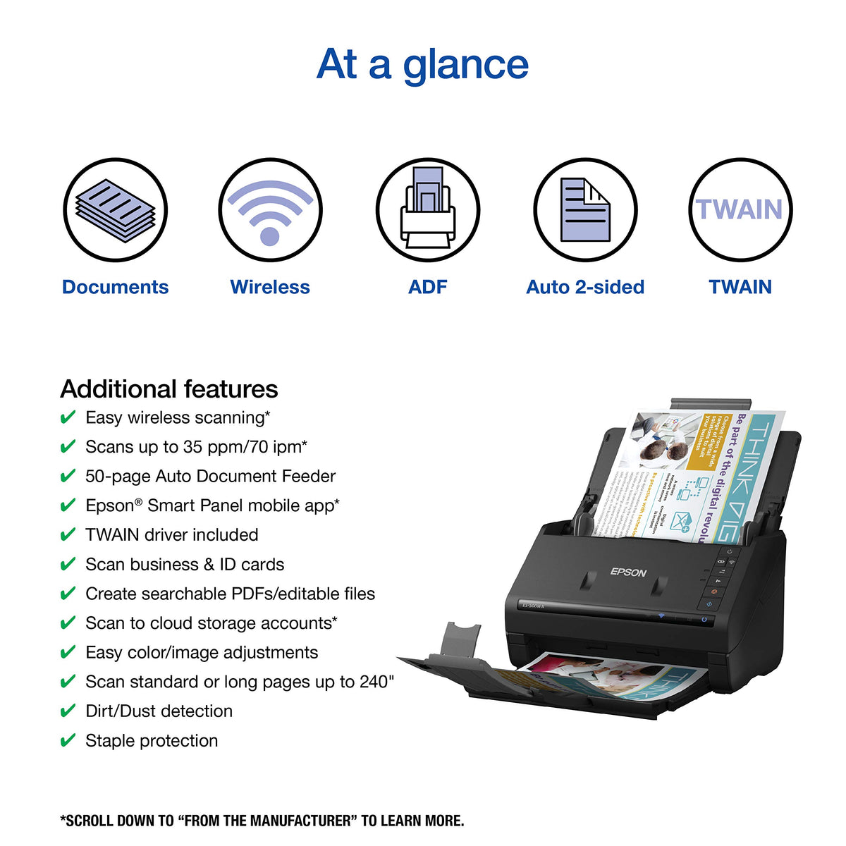 Epson Workforce ES-500W II Wireless Color Duplex Desktop Document Scanner