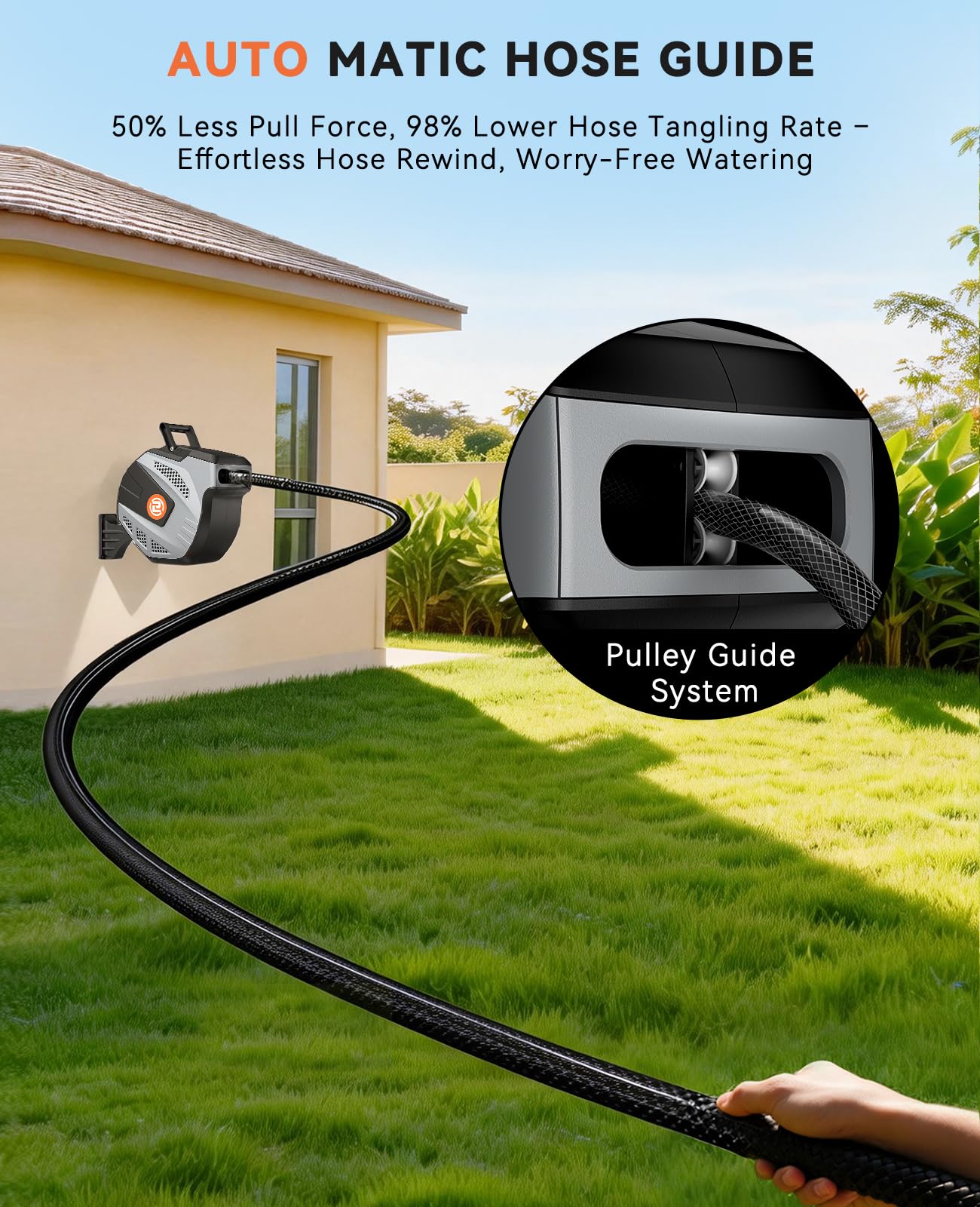 SUNPOW Retractable Garden Hose Reel - 1/2 inch x 50ft Wall Mounted Hose Reel with 3/4 inch Brass Fitting & 10 Function Sprayer Nozzle - Any Length Lock, Auto Rewind System, 180°Swivel Bracket - Grey - Available at All In One Marketplace Canada