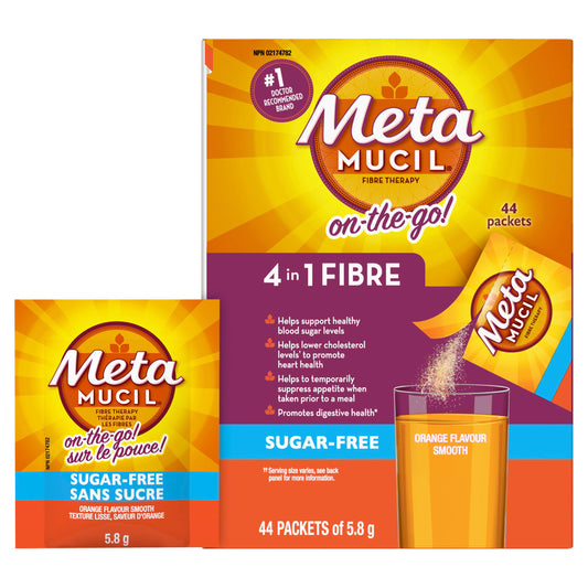 Metamucil, Daily Psyllium Husk Powder Supplement Packets, Sugar-Free, 4-in-1 Fibre for Digestive Health, Orange Smooth Flavored Drink, 44 Servings - Available at All In One Marketplace Canada