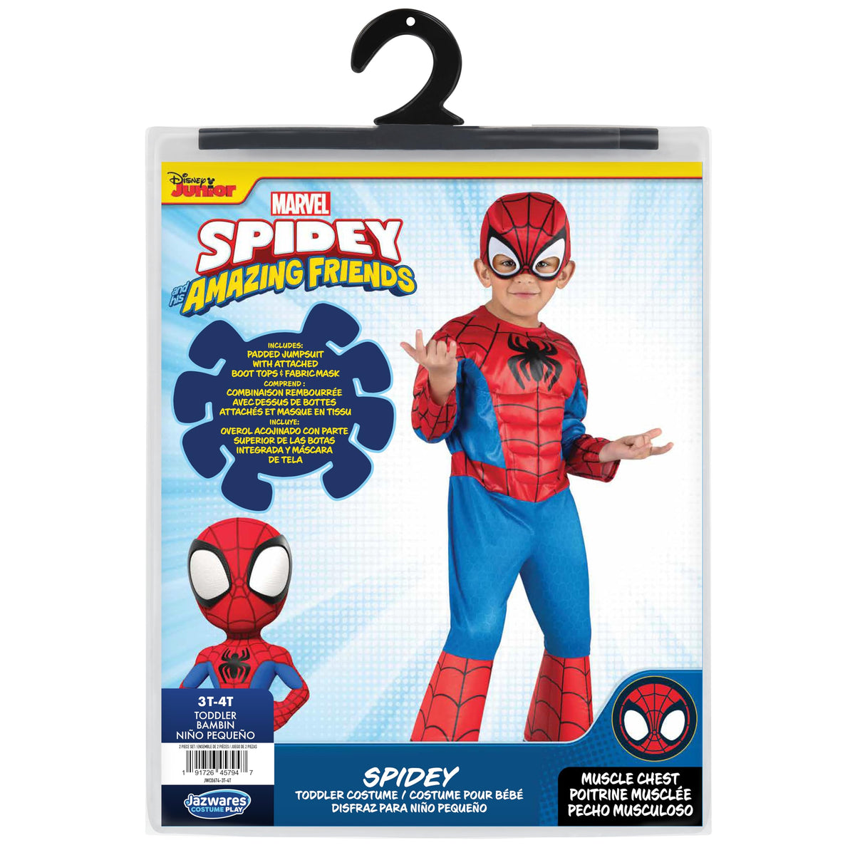 Marvel Spidey Official Toddler Deluxe Halloween Costume - Premium Quality Padded Jumpsuit and Fabric Headpiece (3T-4T)