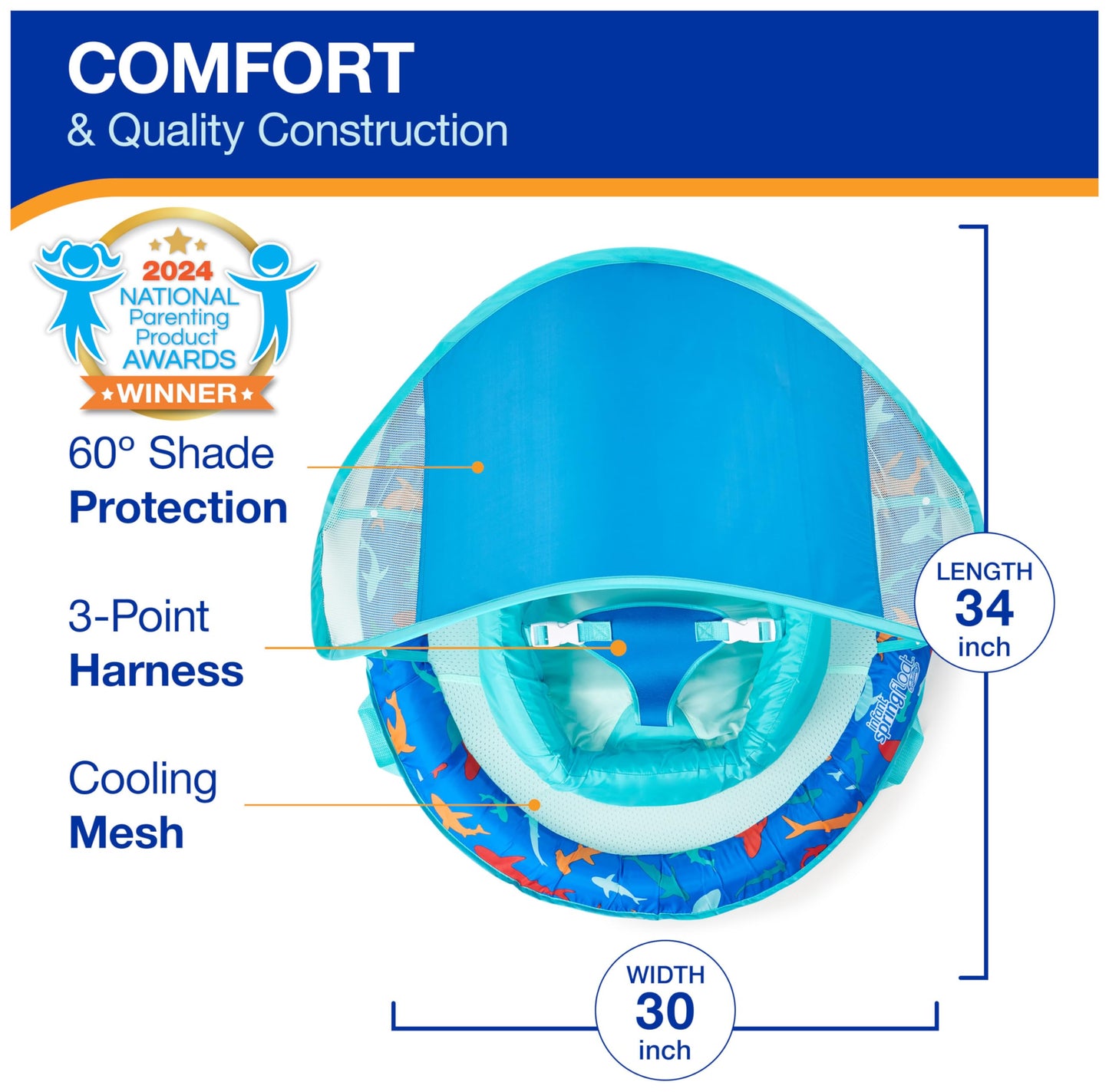 Swimways Infant Spring Float, Baby Pool Float with Canopy & UPF Protection, Swimming Pool Accessories for Kids 3-9 Months, Shark 🍁 All In One Marketplace Canada SwimWays
